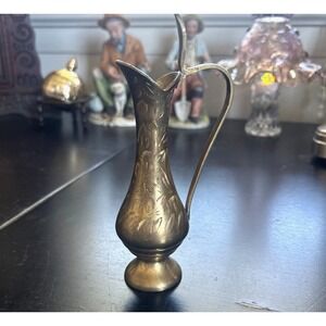 India Brass Pitcher 7.75" Vintage Etched Ornate Water Jug Decor